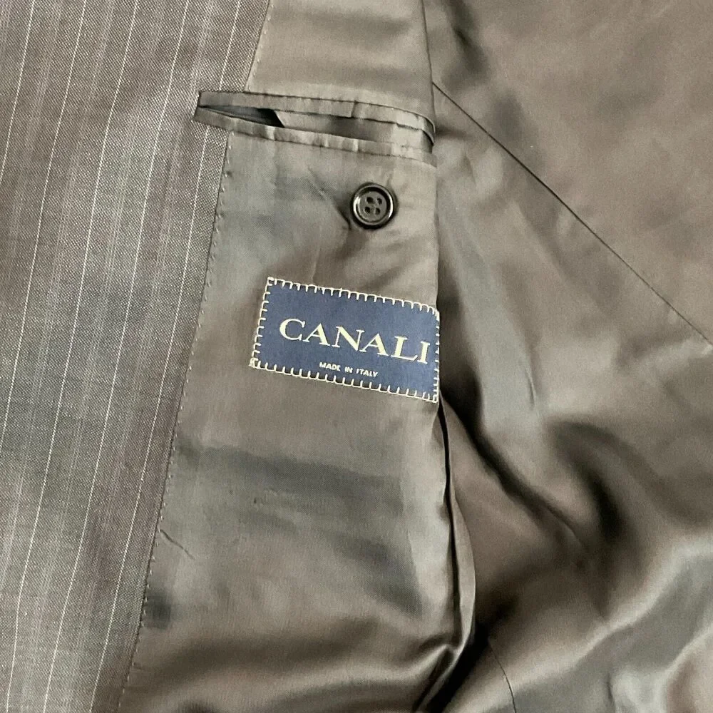 Canali Suit Jacket Pure Wool Blazer‎ Sport Coat Black Pinstripe Italy Size 54L